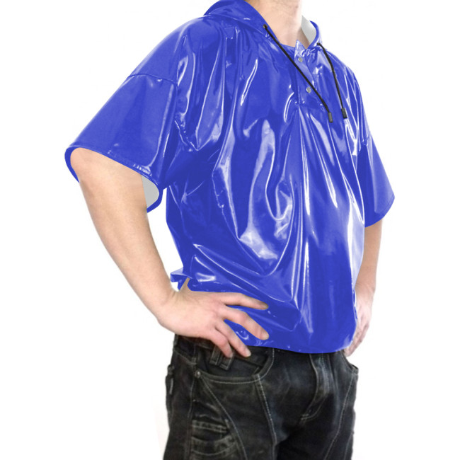 Glossy PVC Leather Mens Hooded T-shirt Short Sleeve Hoodie Shirt Male Loose Latex-look Tee with Button Punk Gothic Club Wear