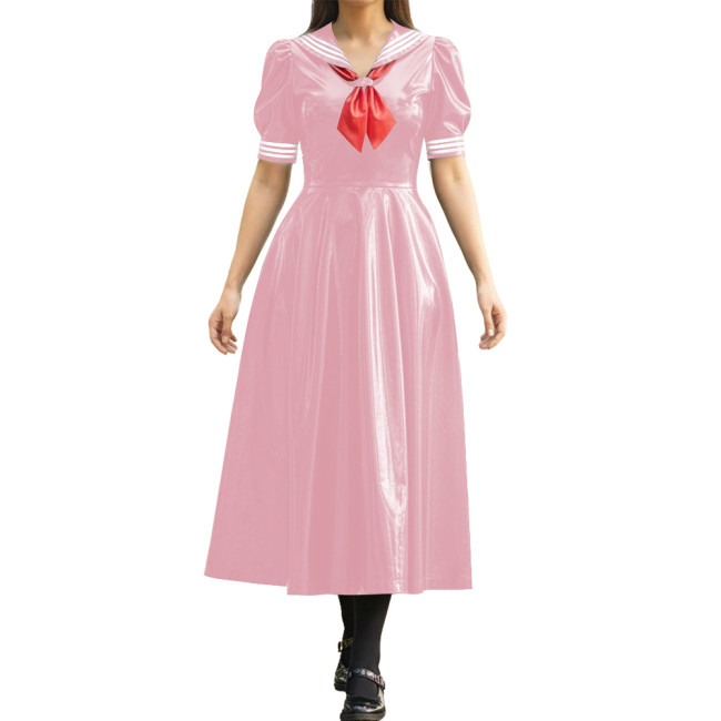 Vinyl PVC Leather Long Sailor Dress with Puff Sleeve Japanese Cosplay Women's School Uniform Halloween Party Role Play Outfits