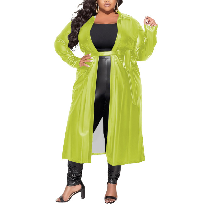 Womens Long Oversized Soft PU Leather Trench Coat Turn-down Collar Cardigan Maxi Coat with Belt Plus Size Club Coat Streetwear