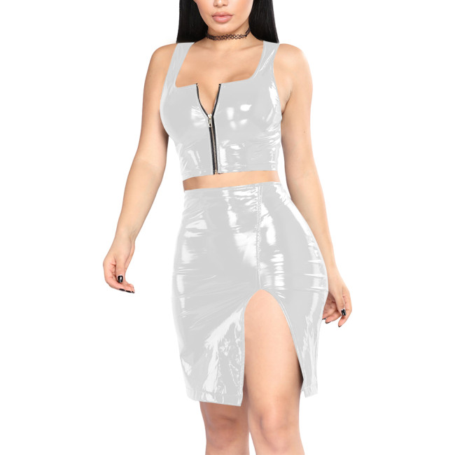 Glossy Womens High Street 2Pcs PVC Leather Outfits Sleeveless Front Zipper Tube Tops High Waist Mini Bodycon Skirt Set Partywear