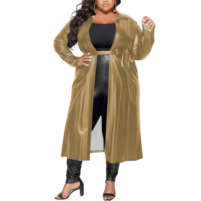 Womens Long Oversized Soft PU Leather Trench Coat Turn-down Collar Cardigan Maxi Coat with Belt Plus Size Club Coat Streetwear