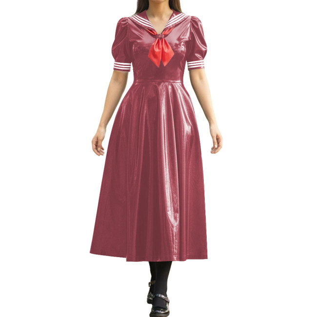 Vinyl PVC Leather Long Sailor Dress with Puff Sleeve Japanese Cosplay Women's School Uniform Halloween Party Role Play Outfits