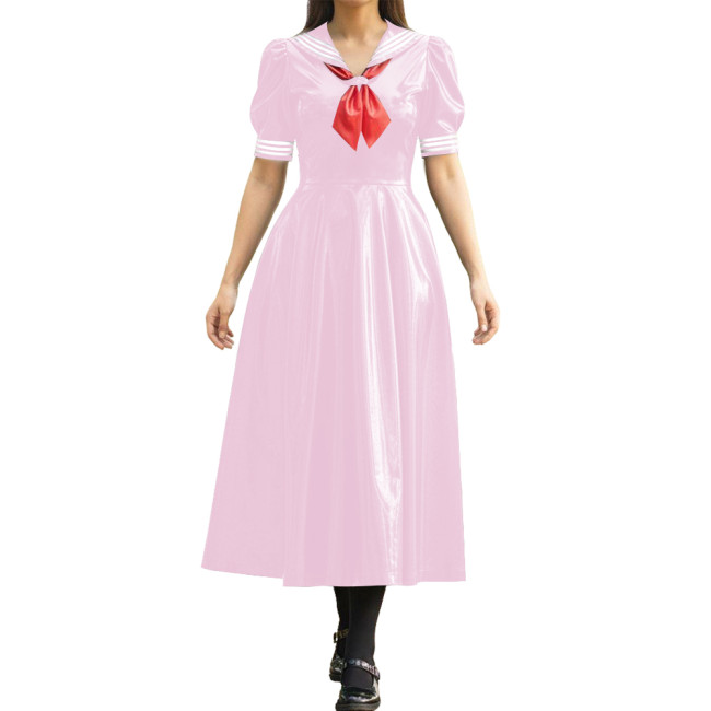 Vinyl PVC Leather Long Sailor Dress with Puff Sleeve Japanese Cosplay Women's School Uniform Halloween Party Role Play Outfits