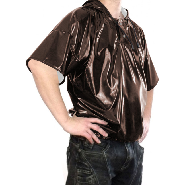 Glossy PVC Leather Mens Hooded T-shirt Short Sleeve Hoodie Shirt Male Loose Latex-look Tee with Button Punk Gothic Club Wear