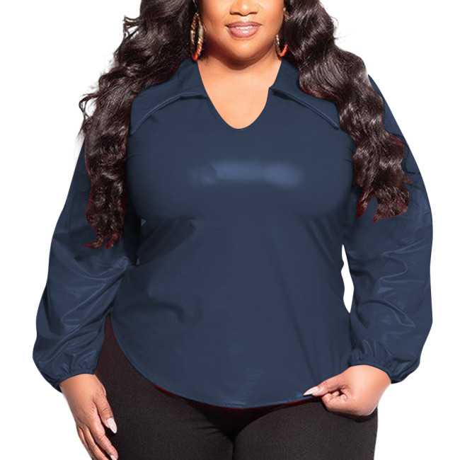 Classy V-neckline Slim Tops for Womens PVC Glossy Leather Pullover Blouse Sexy Long Sleeve Wetlook T-shirts Plus Size Club Tops
