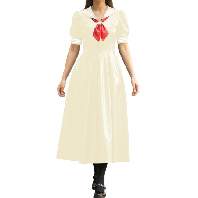 Vinyl PVC Leather Long Sailor Dress with Puff Sleeve Japanese Cosplay Women's School Uniform Halloween Party Role Play Outfits