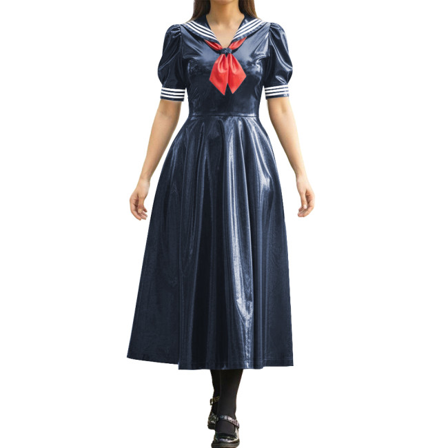 Vinyl PVC Leather Long Sailor Dress with Puff Sleeve Japanese Cosplay Women's School Uniform Halloween Party Role Play Outfits