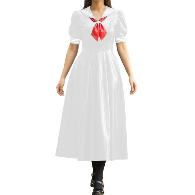 Vinyl PVC Leather Long Sailor Dress with Puff Sleeve Japanese Cosplay Women's School Uniform Halloween Party Role Play Outfits