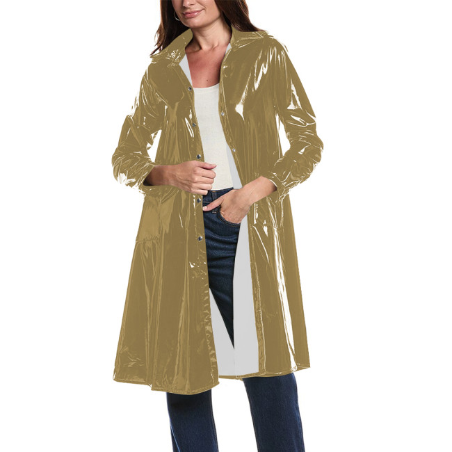 Ladies Streetwear Hooded Trench Coat Long Sleeve PVC Glossy Leather Long Overcoat Raves Party Cosplay Buttom-up Jacket for Women