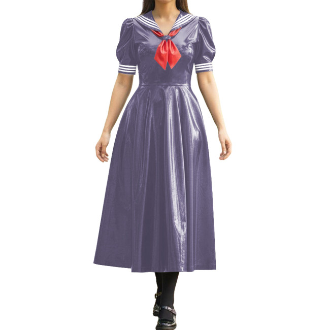 Vinyl PVC Leather Long Sailor Dress with Puff Sleeve Japanese Cosplay Women's School Uniform Halloween Party Role Play Outfits