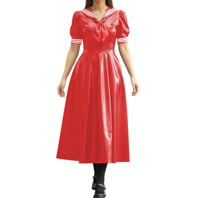 Vinyl PVC Leather Long Sailor Dress with Puff Sleeve Japanese Cosplay Women's School Uniform Halloween Party Role Play Outfits