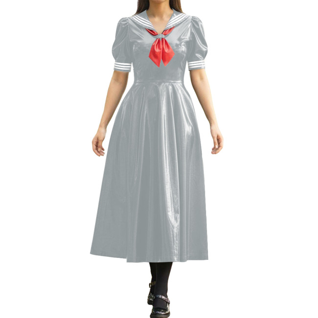 Vinyl PVC Leather Long Sailor Dress with Puff Sleeve Japanese Cosplay Women's School Uniform Halloween Party Role Play Outfits