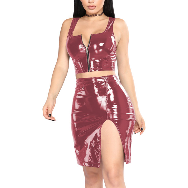 Glossy Womens High Street 2Pcs PVC Leather Outfits Sleeveless Front Zipper Tube Tops High Waist Mini Bodycon Skirt Set Partywear