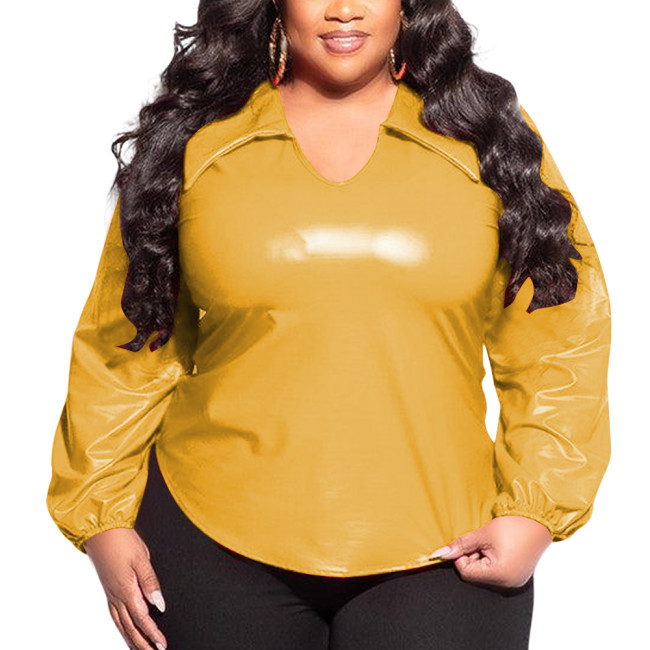 Classy V-neckline Slim Tops for Womens PVC Glossy Leather Pullover Blouse Sexy Long Sleeve Wetlook T-shirts Plus Size Club Tops