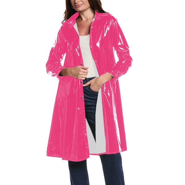 Ladies Streetwear Hooded Trench Coat Long Sleeve PVC Glossy Leather Long Overcoat Raves Party Cosplay Buttom-up Jacket for Women