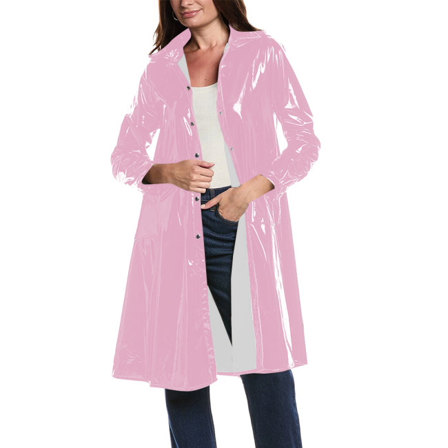 Ladies Streetwear Hooded Trench Coat Long Sleeve PVC Glossy Leather Long Overcoat Raves Party Cosplay Buttom-up Jacket for Women
