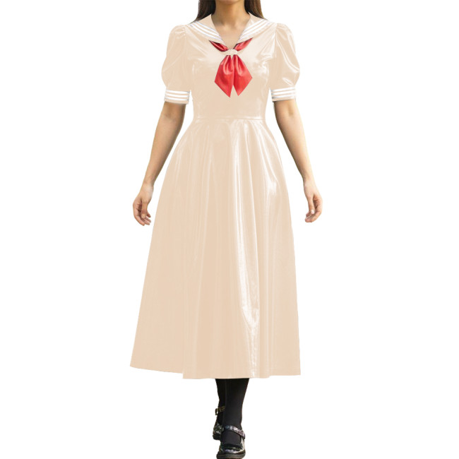 Vinyl PVC Leather Long Sailor Dress with Puff Sleeve Japanese Cosplay Women's School Uniform Halloween Party Role Play Outfits