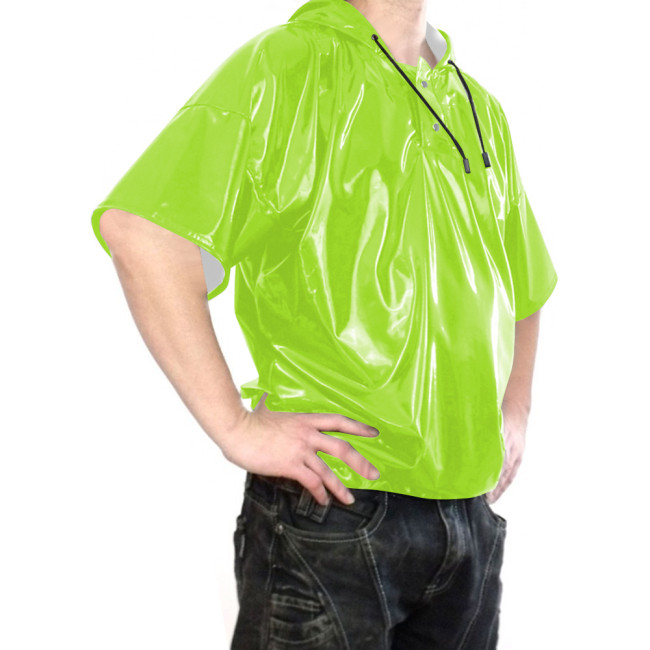 Glossy PVC Leather Mens Hooded T-shirt Short Sleeve Hoodie Shirt Male Loose Latex-look Tee with Button Punk Gothic Club Wear