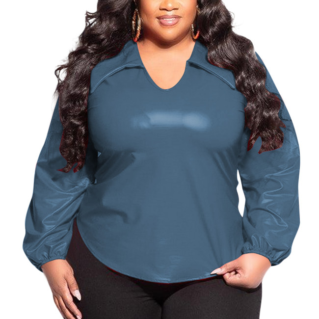 Classy V-neckline Slim Tops for Womens PVC Glossy Leather Pullover Blouse Sexy Long Sleeve Wetlook T-shirts Plus Size Club Tops