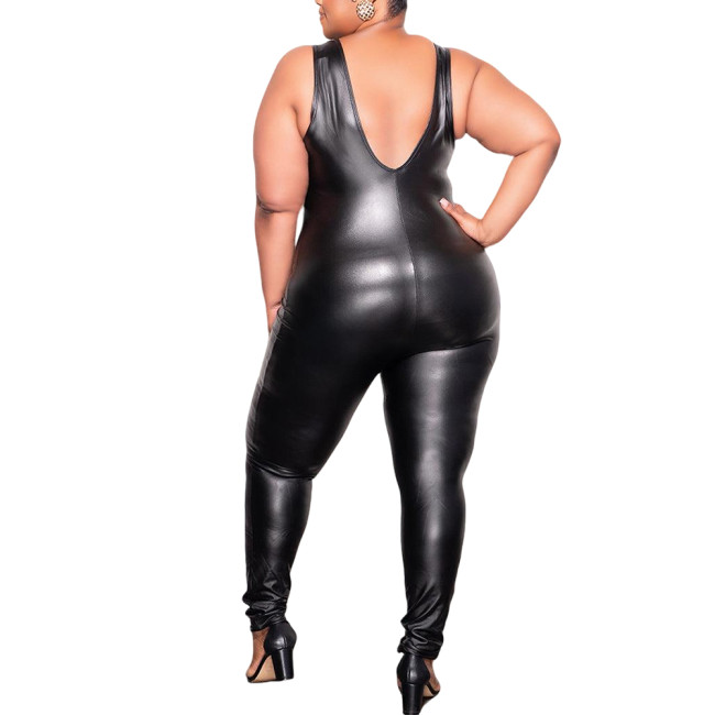 Club Sexy Matte Leather Look Catsuit Womens Cosplay Sleeveless Backless Bodysuit Festival PU Elastic One-piece Suit Plus Size