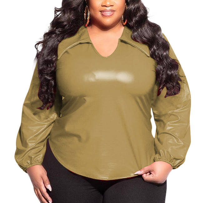 Classy V-neckline Slim Tops for Womens PVC Glossy Leather Pullover Blouse Sexy Long Sleeve Wetlook T-shirts Plus Size Club Tops