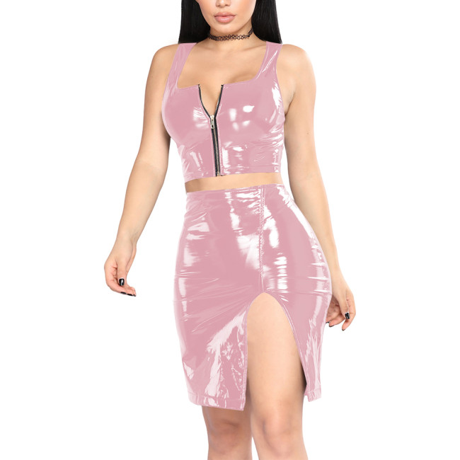 Glossy Womens High Street 2Pcs PVC Leather Outfits Sleeveless Front Zipper Tube Tops High Waist Mini Bodycon Skirt Set Partywear