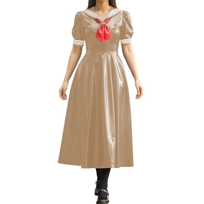 Vinyl PVC Leather Long Sailor Dress with Puff Sleeve Japanese Cosplay Women's School Uniform Halloween Party Role Play Outfits