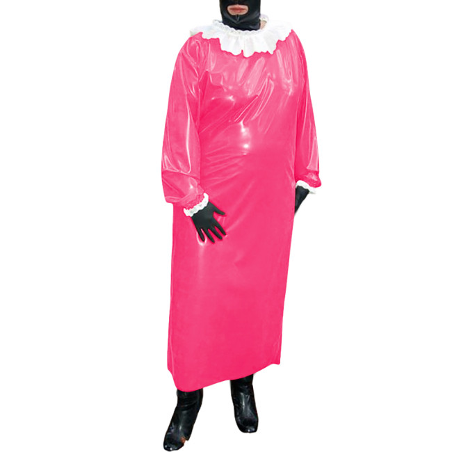 Mens Sissy Glossy PVC Leather Long Dresses with Single-breasted Back Halloween Cosplay Outfits Ruffles Puff Sleeves Loose Dress