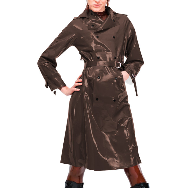 Womens Vinyl PVC Leather Trench Coat Double-breasted Lapel Collar Belted Long Jackets Nightclub Party Wetlook Knee-length Coats