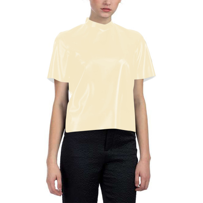 Short-sleeved Glossy Loose T-shirt for Women PVC Shiny Leather Fashionable Half Turtleneck Short Top Nightclub Party Tee Shirt