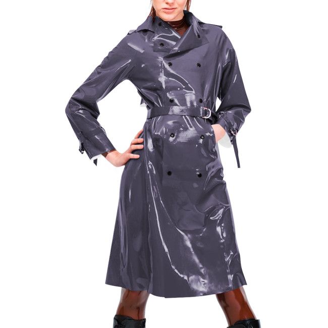 Womens Vinyl PVC Leather Trench Coat Double-breasted Lapel Collar Belted Long Jackets Nightclub Party Wetlook Knee-length Coats