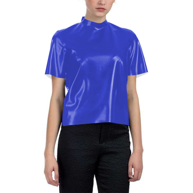 Short-sleeved Glossy Loose T-shirt for Women PVC Shiny Leather Fashionable Half Turtleneck Short Top Nightclub Party Tee Shirt