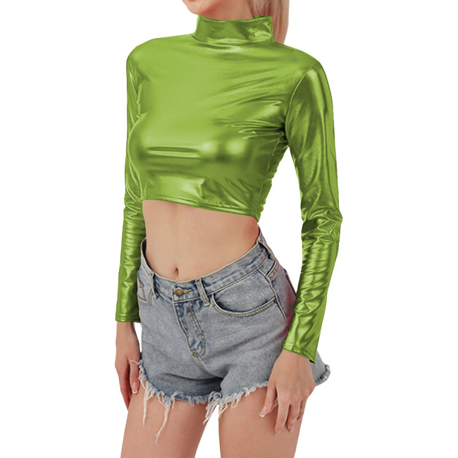 Women Metallic Shiny Crop Tops Shiny Rave Party Turtleneck T Shirt Long Sleeve Slim Fit Short Blouses Club Pole Dancing Costumes