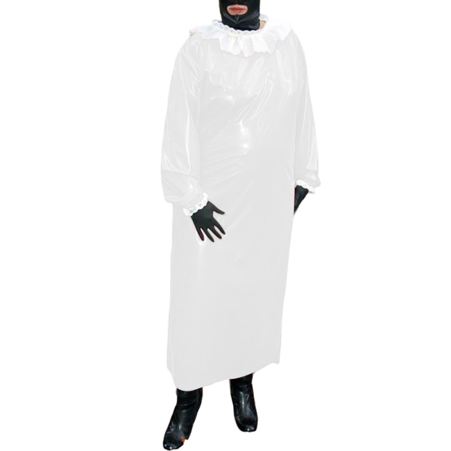 Mens Sissy Glossy PVC Leather Long Dresses with Single-breasted Back Halloween Cosplay Outfits Ruffles Puff Sleeves Loose Dress