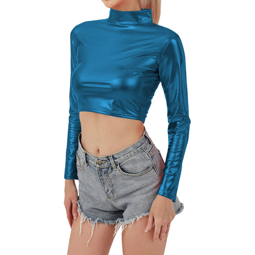 Women Metallic Shiny Crop Tops Shiny Rave Party Turtleneck T Shirt Long Sleeve Slim Fit Short Blouses Club Pole Dancing Costumes