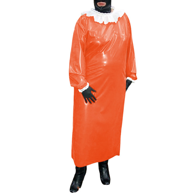 Mens Sissy Glossy PVC Leather Long Dresses with Single-breasted Back Halloween Cosplay Outfits Ruffles Puff Sleeves Loose Dress