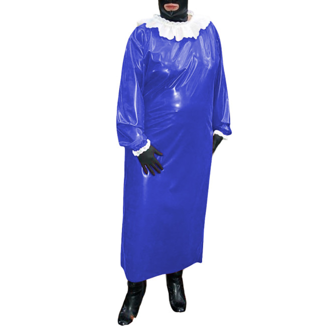 Mens Sissy Glossy PVC Leather Long Dresses with Single-breasted Back Halloween Cosplay Outfits Ruffles Puff Sleeves Loose Dress