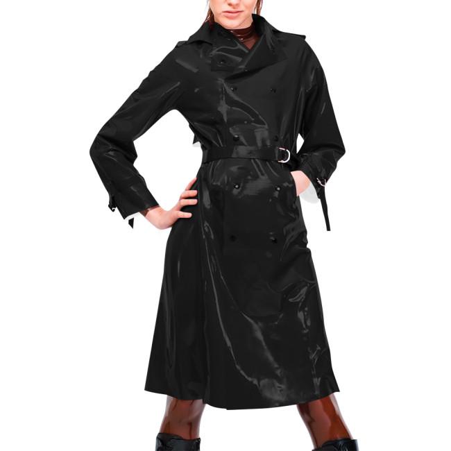 Womens Vinyl PVC Leather Trench Coat Double-breasted Lapel Collar Belted Long Jackets Nightclub Party Wetlook Knee-length Coats