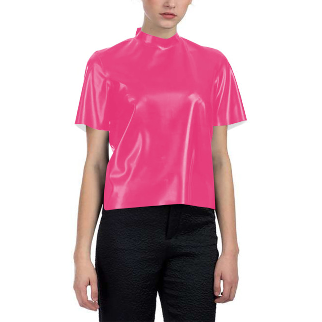 Short-sleeved Glossy Loose T-shirt for Women PVC Shiny Leather Fashionable Half Turtleneck Short Top Nightclub Party Tee Shirt