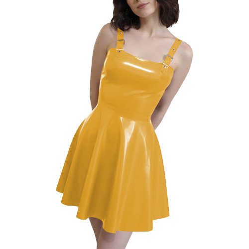 Gothic Punk Mini Dresses with Straps PVC Shiny Pleated Short Dress Fetish Wetlook Patent Leather Dress Plus Size Party Clubwear