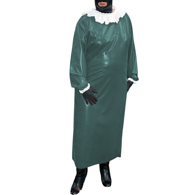 Mens Sissy Glossy PVC Leather Long Dresses with Single-breasted Back Halloween Cosplay Outfits Ruffles Puff Sleeves Loose Dress