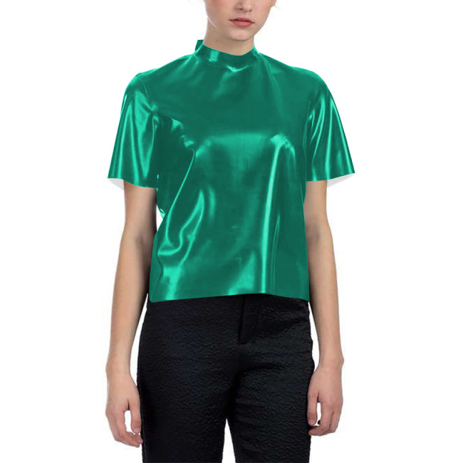 Short-sleeved Glossy Loose T-shirt for Women PVC Shiny Leather Fashionable Half Turtleneck Short Top Nightclub Party Tee Shirt