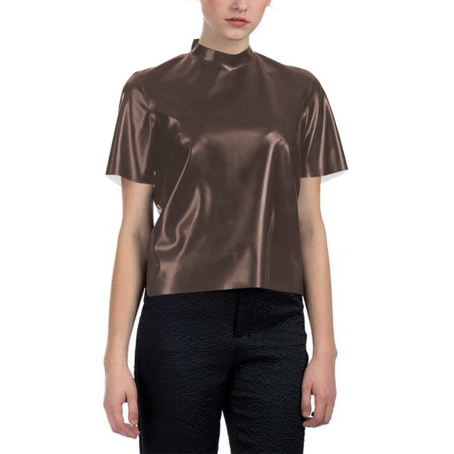 Short-sleeved Glossy Loose T-shirt for Women PVC Shiny Leather Fashionable Half Turtleneck Short Top Nightclub Party Tee Shirt