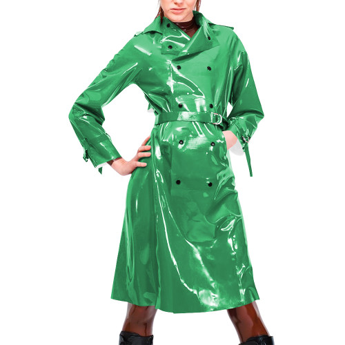 Womens Vinyl PVC Leather Trench Coat Double-breasted Lapel Collar Belted Long Jackets Nightclub Party Wetlook Knee-length Coats