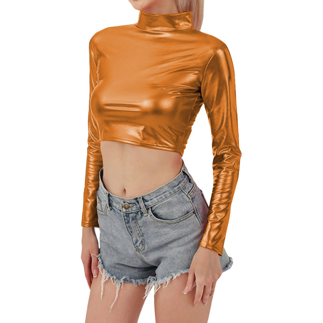 Women Metallic Shiny Crop Tops Shiny Rave Party Turtleneck T Shirt Long Sleeve Slim Fit Short Blouses Club Pole Dancing Costumes