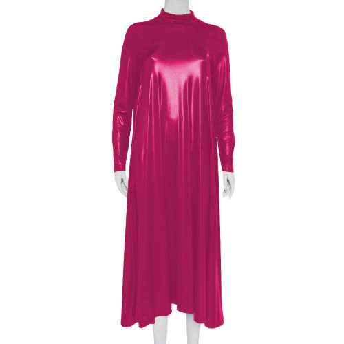 Plus Size Metallic Water Shiny Long Dress Mock Neck Ladies Long Sleeve Loose Flared Dress Evening Dresses for Womens Clubwear