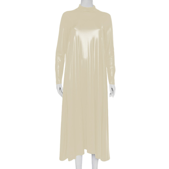 Plus Size Metallic Water Shiny Long Dress Mock Neck Ladies Long Sleeve Loose Flared Dress Evening Dresses for Womens Clubwear