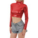 Women Metallic Shiny Crop Tops Shiny Rave Party Turtleneck T Shirt Long Sleeve Slim Fit Short Blouses Club Pole Dancing Costumes