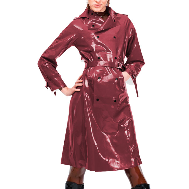 Womens Vinyl PVC Leather Trench Coat Double-breasted Lapel Collar Belted Long Jackets Nightclub Party Wetlook Knee-length Coats