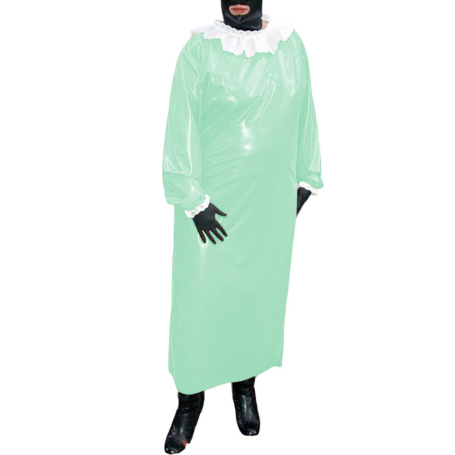 Mens Sissy Glossy PVC Leather Long Dresses with Single-breasted Back Halloween Cosplay Outfits Ruffles Puff Sleeves Loose Dress